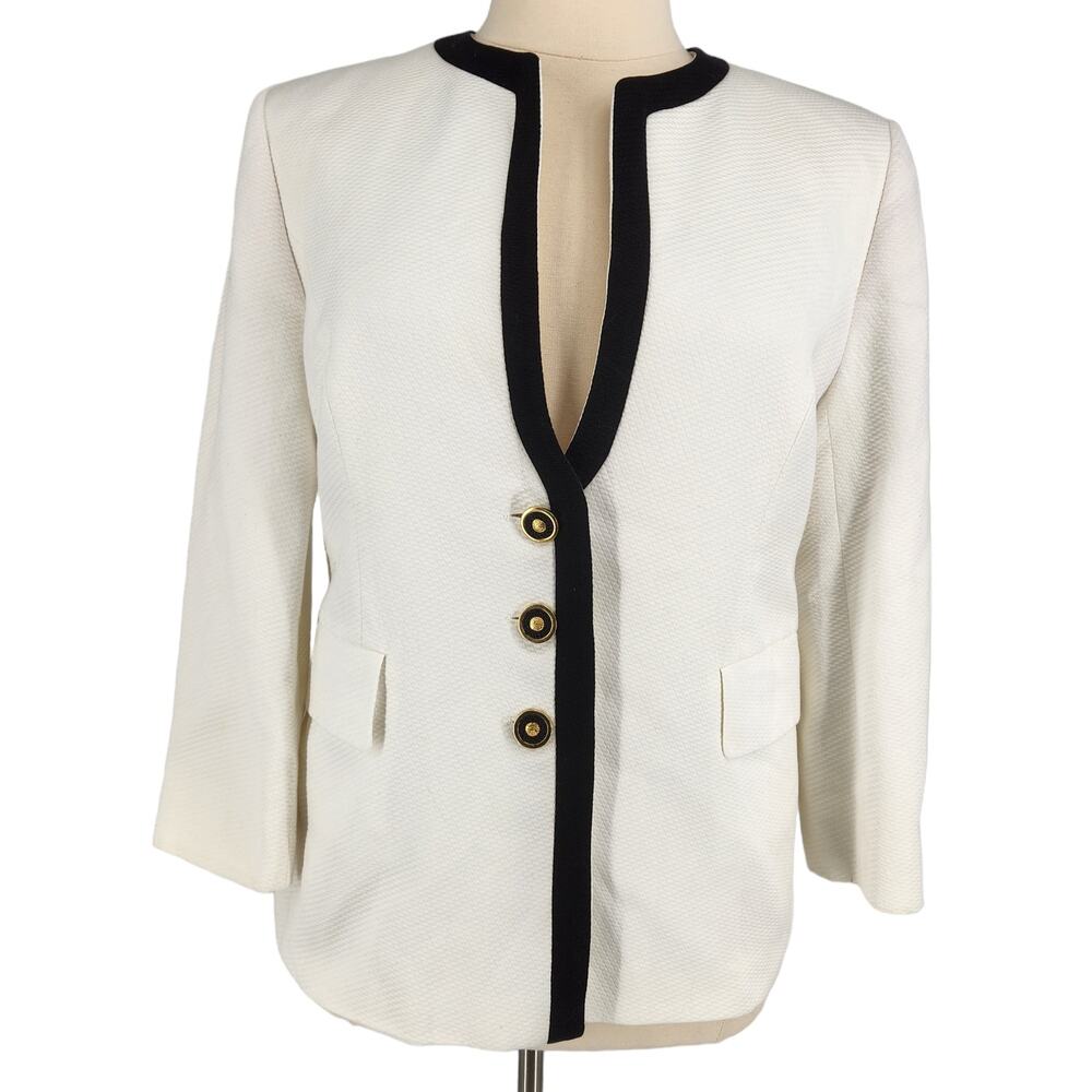 Louis Feraud Cotton Waffle Texture Formal Jacket With Black Trim Size 14 Womens